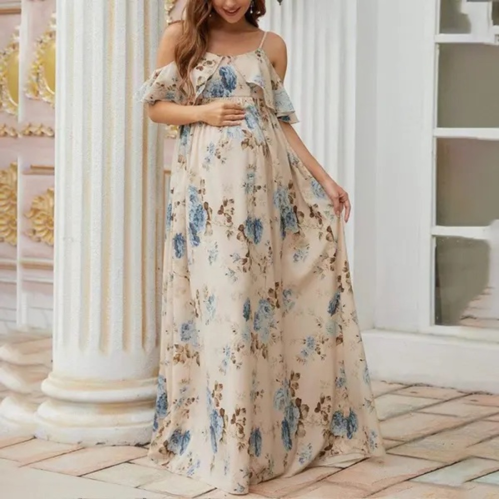 Ivory/Blue Floral Maternity off-shoulder dress